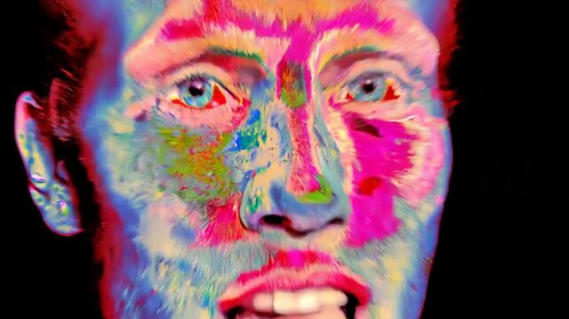 A terrifying video of a hairless man turning his head in a heat map thermal style with heavy glitch errors as the camera rapidly dollys in and out.