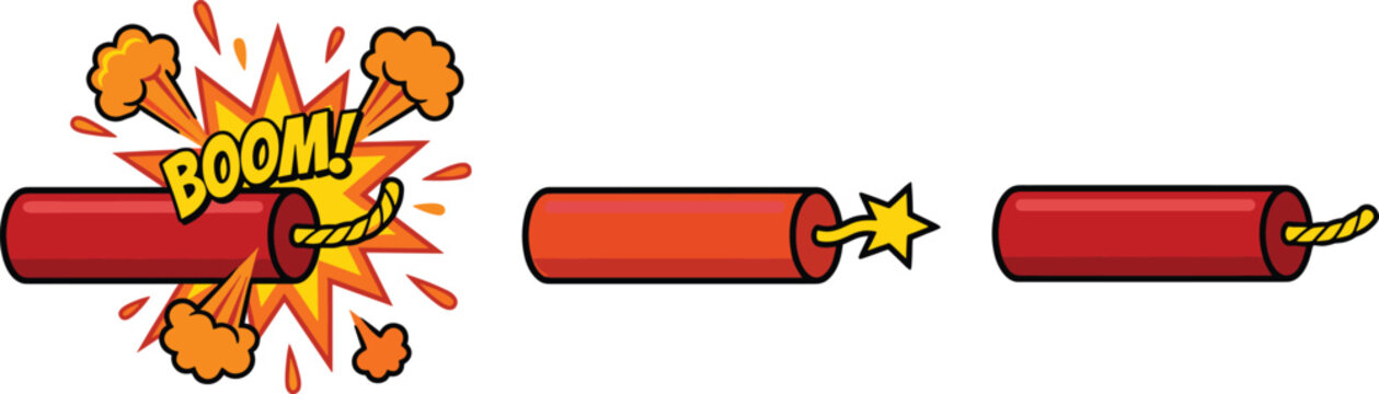 Lit Dynamite Stick Vector Illustration with Burning Fuse Rope for Cartoon, Comic, and Explosive Themed Designs