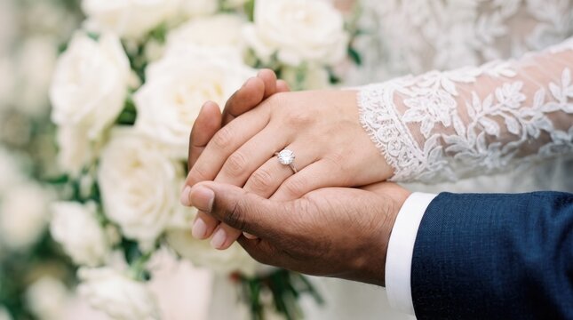 Close up of bride and groom hands joined with diamond engagement ring and white rose bouquet, symbolizing eternal love and commitment for wedding invitation design and bridal marketing.