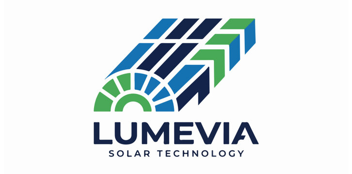 Modern solar technology vector logo design featuring a dynamic abstract photovoltaic panel graphic in blue and green