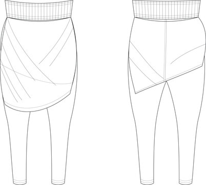 Technical flat sketch of a modern women high waisted layered skort leggings fashion vector illustration front and back view