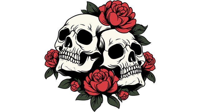 Two skulls surrounded by vibrant red roses and dark leaves, creating a romantic gothic symbol of love, death, beauty, and mortality on a transparent background.