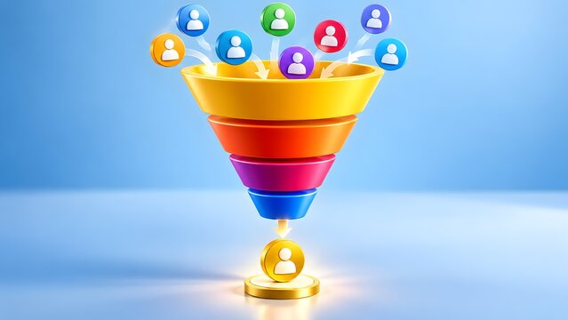 Colorful sales funnel 3D concept converting diverse user icons into single glowing golden customer representing lead generation