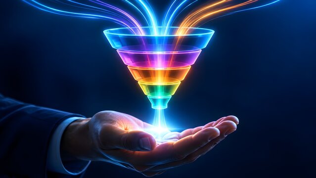 Hand holding glowing holographic digital funnel with colorful light streams representing data filtering and conversion strategy