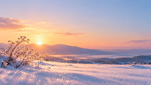 霜花輝く雪原と山並みの夜明け