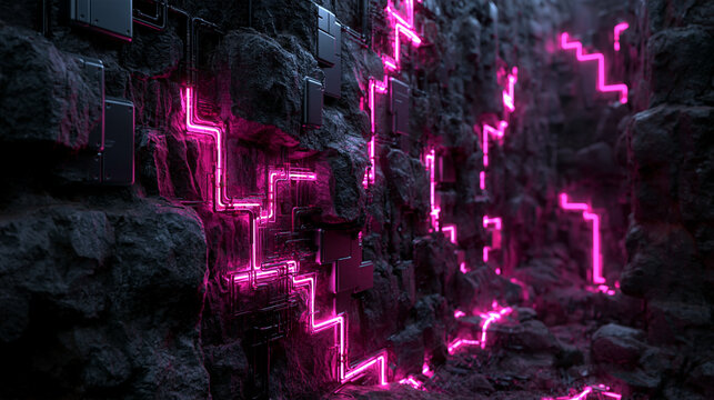 Futuristic Cyberpunk Stone Corridor with Glowing Pink Neon Circuits