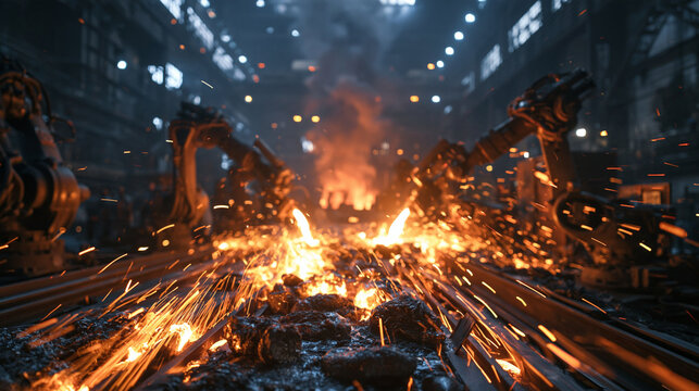 Robotic Arms Processing Molten Metal in Industrial Steel Mill