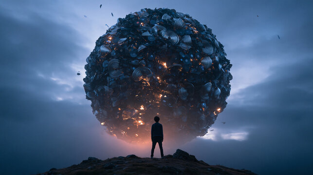 Silhouette Facing Massive Floating Sci-Fi Sphere at Twilight