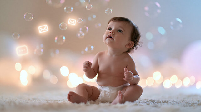 Cute Baby Looking at Floating Bubbles with Digital Icons