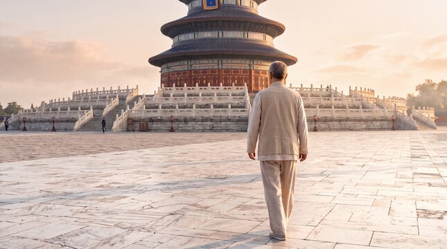 Senior Man Walking Towards Temple of Heaven in Beijing