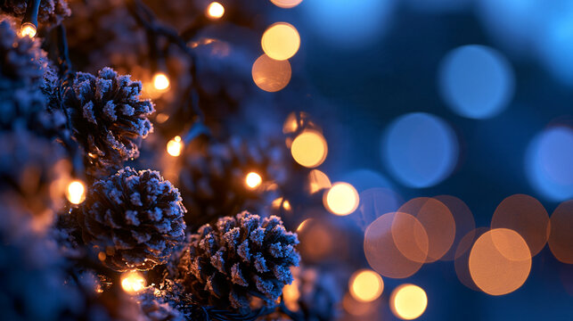 Frosted Pine Cones with Glowing Fairy Lights and Bokeh
