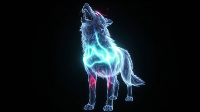 Glowing neon spirit wolf howling in the dark, mystical energy animal hologram, perfect spooky graphic element for Halloween fantasy themes