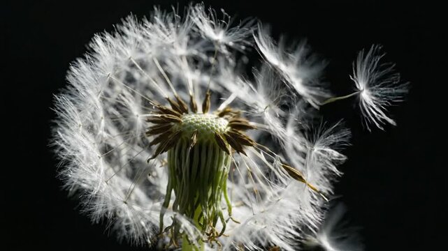 Dandelion seeds are blown by the wind against a black background