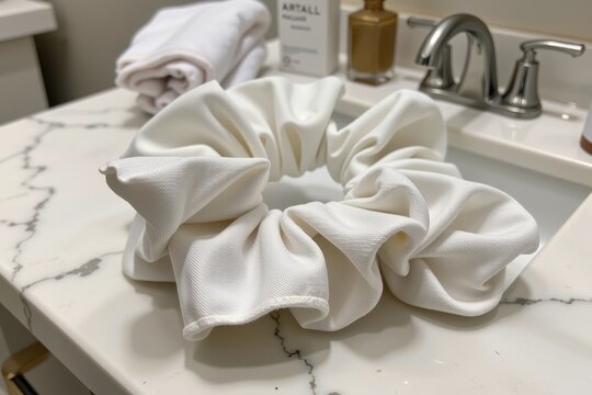 White satin scrunchie placed on a marble bathroom countertop near faucet
