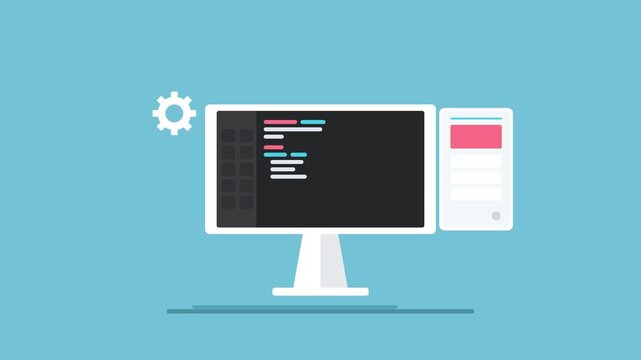 Modern flat 2D animation concept showing desktop computer monitor with code syntax editor compiling backend programming and deploying a responsive mobile app prototype. 