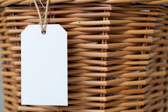 Blank white tag hanging on a wicker basket with twine string.