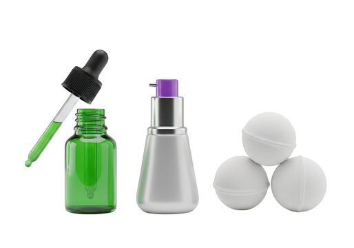 Cosmetic serum bottle, pump dispenser and cotton balls