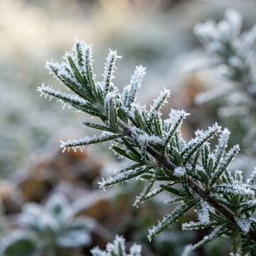 Close up of frosted evergreen branches glistening with ice crystals on a winter day
