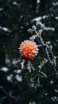 Vibrant orange winter berry stands out against a frosted evergreen branch in the snow