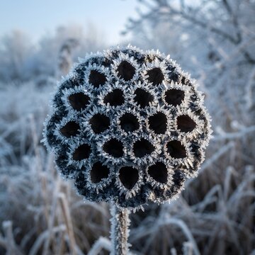 Dried poppy seed head with many small holes stands out in winter landscape