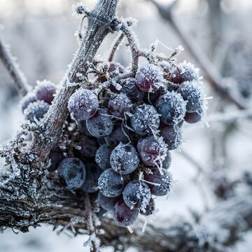 Frozen grapes still hanging on the vine covered in delicate frost and ice crystals
