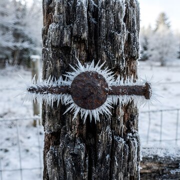 Icy axe embedded in a frost covered tree trunk in a winter landscape