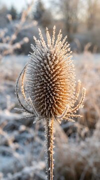 Frozen teasel seed head glistening in the soft winter sunlight with blurred background