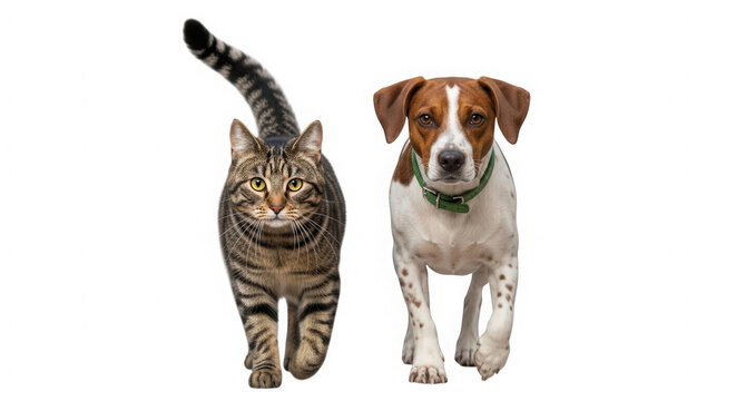 Cute tabby cat and small dog walking together side by side isolated on transparent background