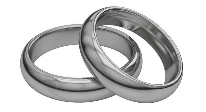 Two elegant silver wedding rings linked together as a symbol of love isolated on transparent background
