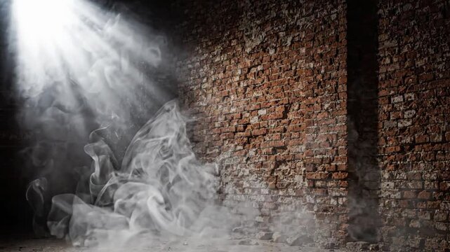 Rays of light shine through fog in dark space highlighting brick
