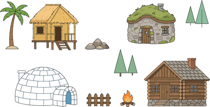 Beautiful hand-drawn vector illustration set of traditional houses featuring tropical hut stone cottage igloo and wooden log cabin