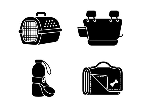 Four black vector pet travel icons set featuring a carrier box, car seat, water bottle, and blanket on white background