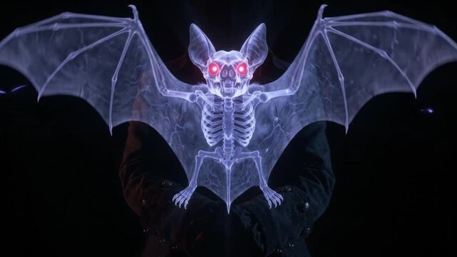 Glowing holographic bat skeleton with spooky red eyes flying in the dark, perfect for a creepy digital Halloween projection background