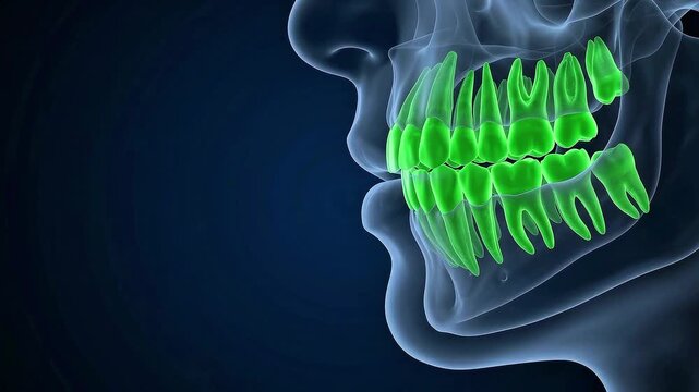 3D medical animation showing a side view of a human skull with teeth highlighted in bright green for dental analysis
