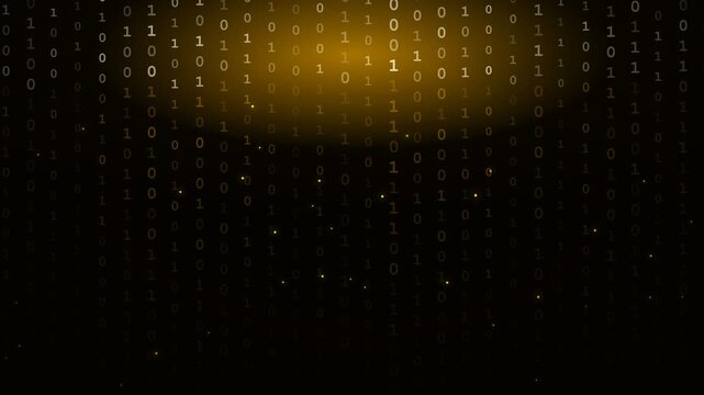 Binary code stream, glowing gold numbers on dark representing data processing and information technology security.