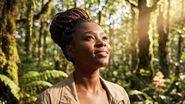 Close up of young attractive female taking deep breaths in a forest