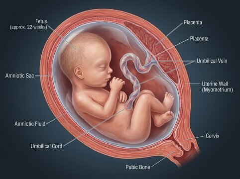 Medical illustration of a human fetus in the womb illustration