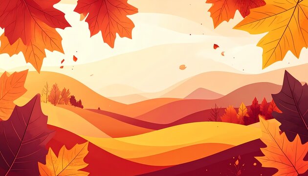 Vibrant Autumnal Landscape with Falling Leaves and Hills.
