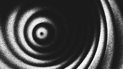 Obraz na płótnie Canvas Grainy black white background with concentric circular waves with granular texture. Expanding rings emerge from tiny white points suggests vibration, frequency, resonance, signal and motion. Vector