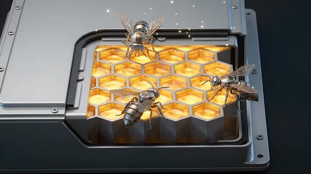 3D render of mechanical metallic bees working on a futuristic metal honeycomb structure with golden honey.