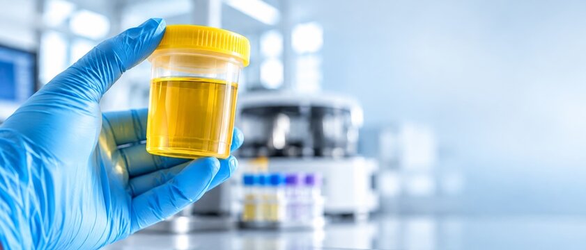 Gloved hand holding urine specimen cup in medical laboratory. Urinalysis and diagnostic testing. Clinical research, healthcare and disease screening. Laboratory analysis. Banner format