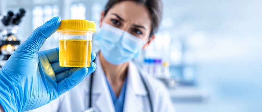 Gloved hand holding urine specimen cup in medical laboratory. Urinalysis and diagnostic testing. Clinical research, healthcare and disease screening. Laboratory analysis. Banner format