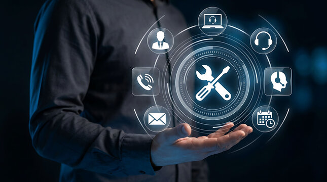 Man holding glowing technical support and customer service icons interface
