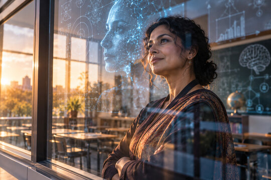 AI generated mature South Asian female professor beside classroom window reflected digital face abstract diagrams showing AI assisted teaching education knowledge transfer