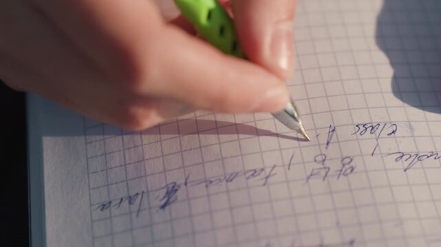 Hand writes script or notes using green mechanical pencil over lined grid notebook. Hand movements and ink flow are visible as text forms on ruled page. Soft natural light creates warm