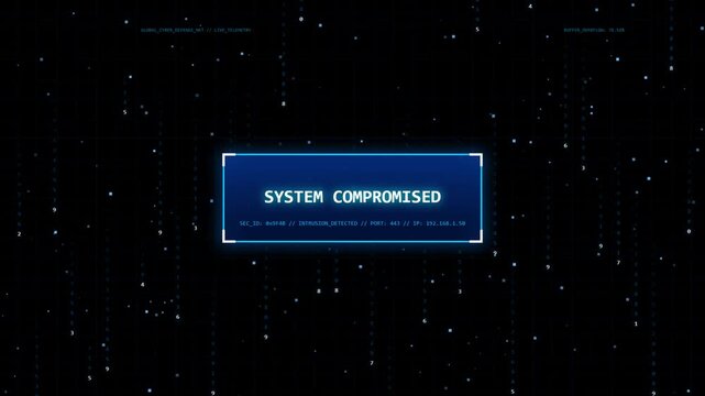 System compromised alert notification with cybersecurity data telemetry isolated on transparent background for motion graphics