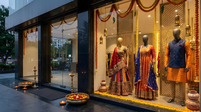 Luxury clothing store entrance decorated with marigold flowers and traditional brass lamps for navratri festival