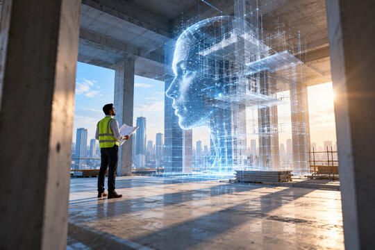 AI generated South Asian architect studies luminous digital face building grid inside an unfinished structure representing generative design architecture construction innovation