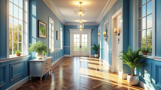 A serene hallway unfolds with a soothing blue backdrop sunshinehued accents and vacant space that exudes warmth
