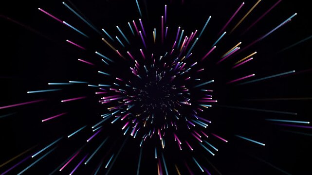 Abstract neon hyperspace warp speed tunnel motion background with glowing light streaks for futuristic visual effects
